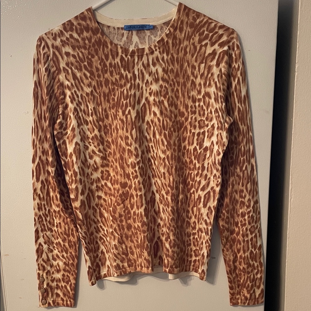 J. McLaughlin Women’s XS Cotton Blend‎ Brown Leopard Print Sweater Extra Button